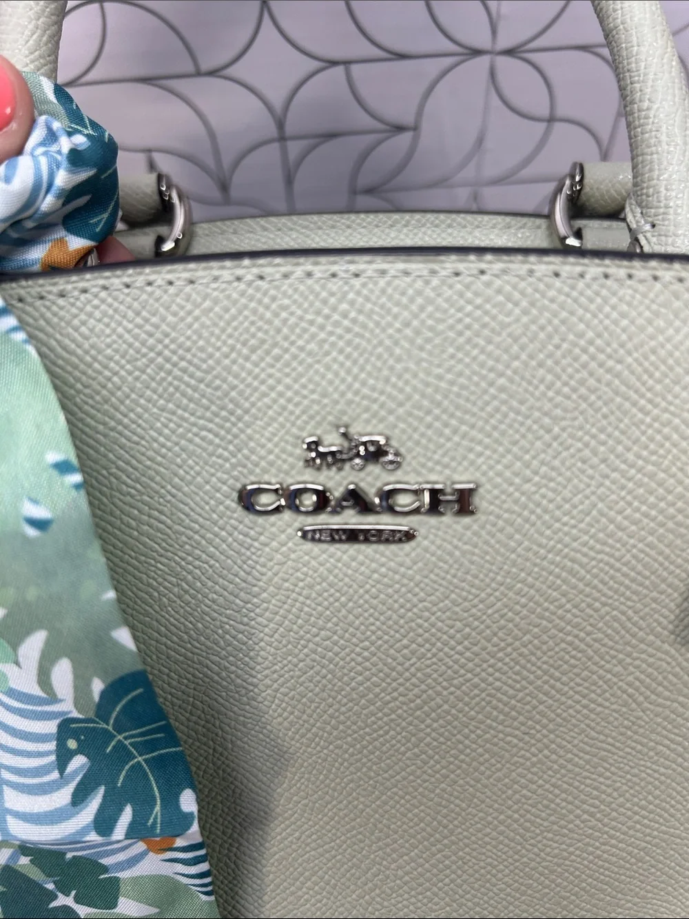 2542 Coach Sage Green Pebbled Leather Satchel with Printed Scarf 267082542